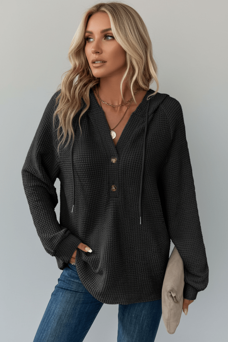Waffle Knit Hooded Pullover Sweater – Black & White - @BlackWhite