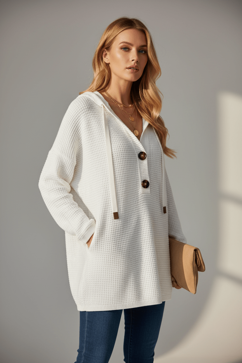 Waffle Knit Hooded Pullover Sweater – Black & White - @BlackWhite