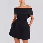 Front view of the light purple off-shoulder dress with waist belt, chic minimalist style.
