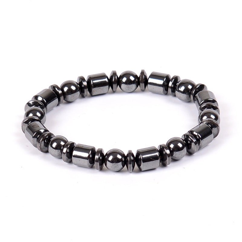 Detail view of black and silver Magnetic Therapy Bracelet, showcasing its elegant beaded design and magnetic features.