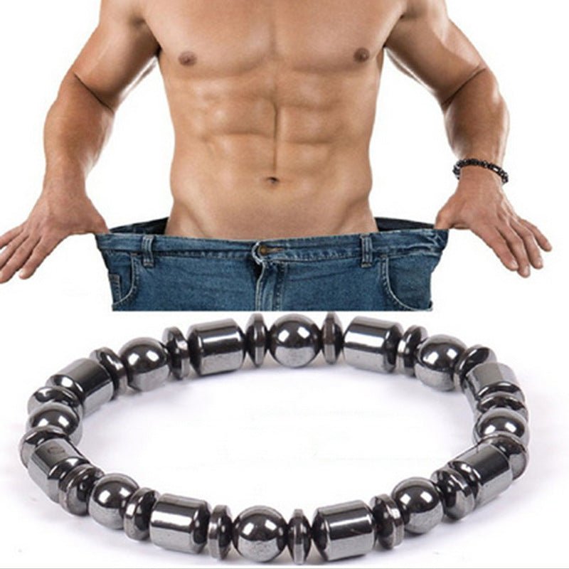 Model wearing black Magnetic Therapy Bracelet, focusing on its chic design and weight loss theme.