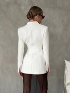 Back view of the white lapel blazer highlighting the tailored fit and lapel collar in a neutral setting.