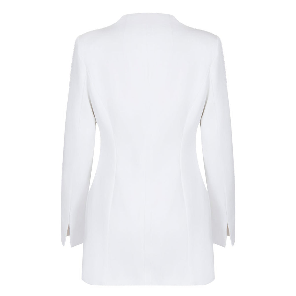 Back angle of the white lapel blazer, emphasizing its tailored fit and elegant style.