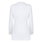 Back angle of the white lapel blazer, emphasizing its tailored fit and elegant style.