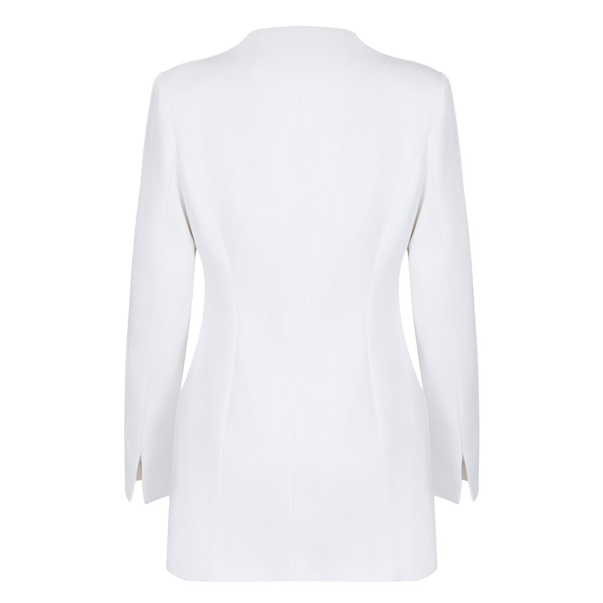 Back angle of the white lapel blazer, emphasizing its tailored fit and elegant style.