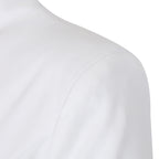 Detail shot of the shoulder area of the white lapel blazer, highlighting its tailored craftsmanship.