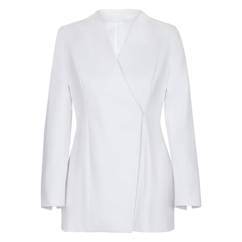 Front view of the white lapel blazer with long sleeves, emphasizing its elegant and minimalist design.