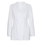 Front view of the white lapel blazer with long sleeves, emphasizing its elegant and minimalist design.