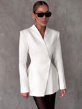 Lifestyle shot of a white lapel blazer with tailored fit, showcasing its chic design against a natural background.