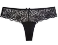 Front view of the black lace thong featuring intricate lace detailing and a bow accent, chic and sensual style.