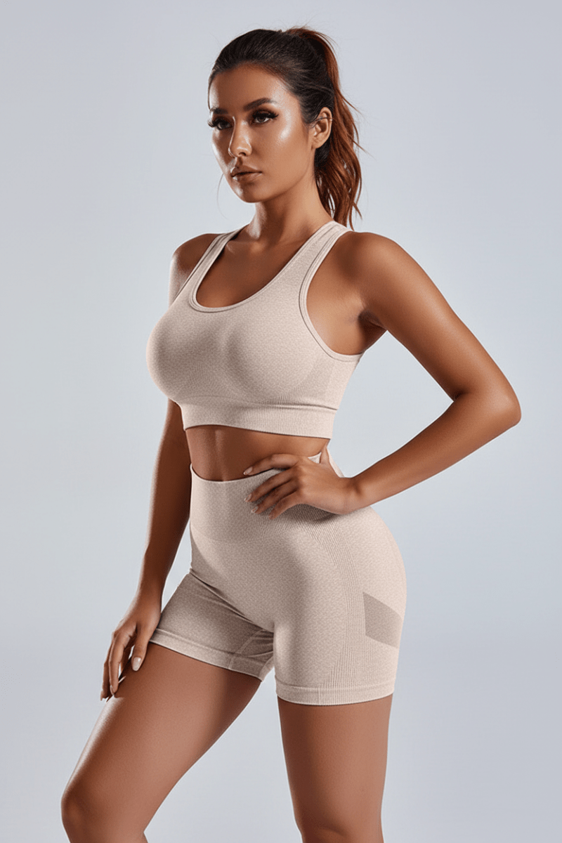 Women's 2-Piece Yoga Set – Seamless Bra & High-Waist Shorts - @BlackWhite