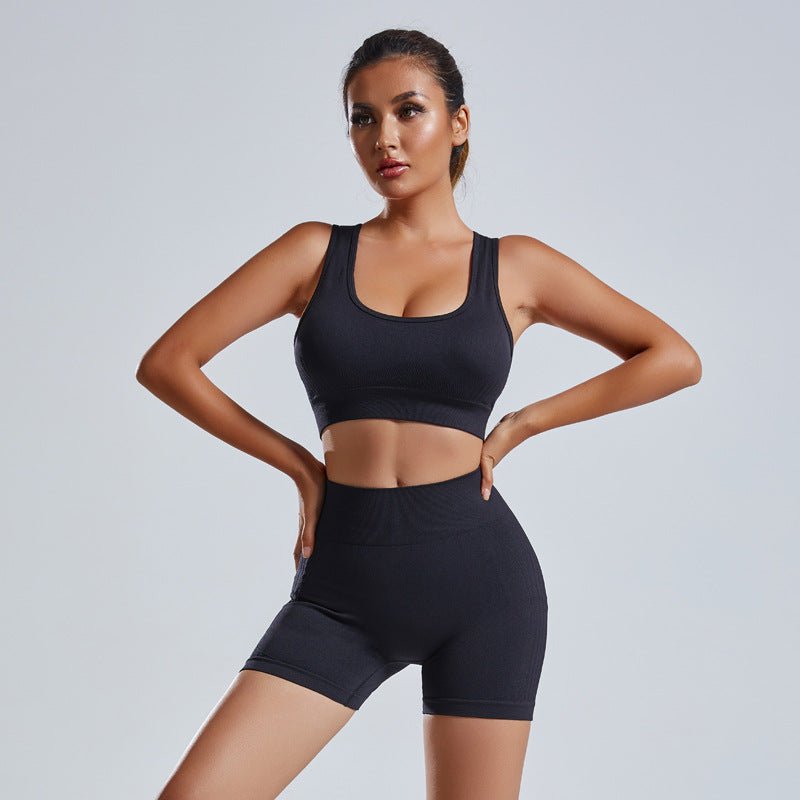 Women's 2-Piece Yoga Set – Seamless Bra & High-Waist Shorts - @BlackWhite
