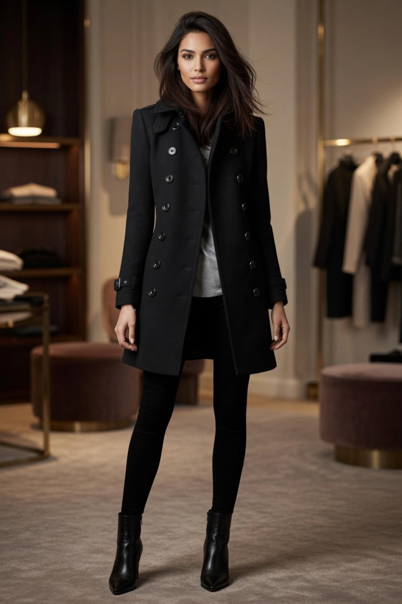 Women's Double-Breasted Wool Overcoat – Elegant Black Coat - @BlackWhite
