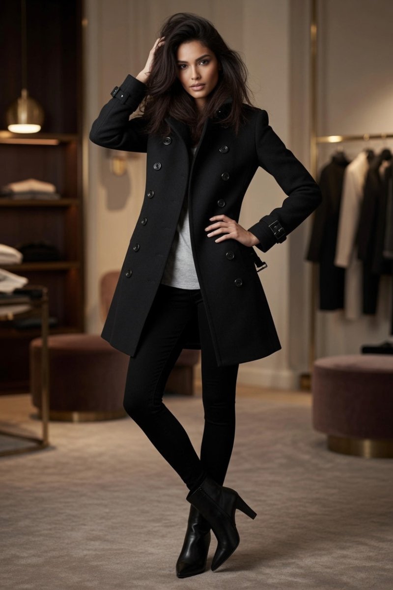 Women's Double-Breasted Wool Overcoat – Elegant Black Coat - @BlackWhite