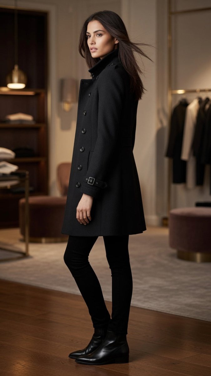 Women's Double-Breasted Wool Overcoat – Elegant Black Coat - @BlackWhite