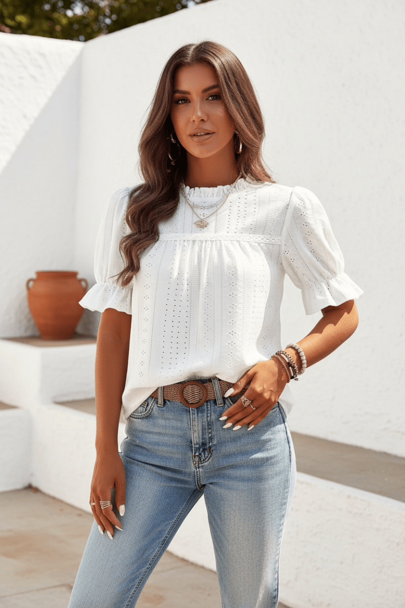 Women's Elegant Ruffle Blouse – Short Sleeve White Top - @BlackWhite