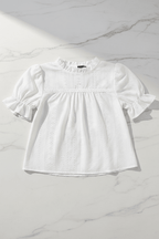 Women's Elegant Ruffle Blouse – Short Sleeve White Top - @BlackWhite