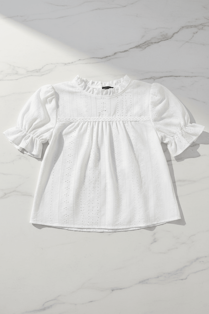Women's Elegant Ruffle Blouse – Short Sleeve White Top - @BlackWhite