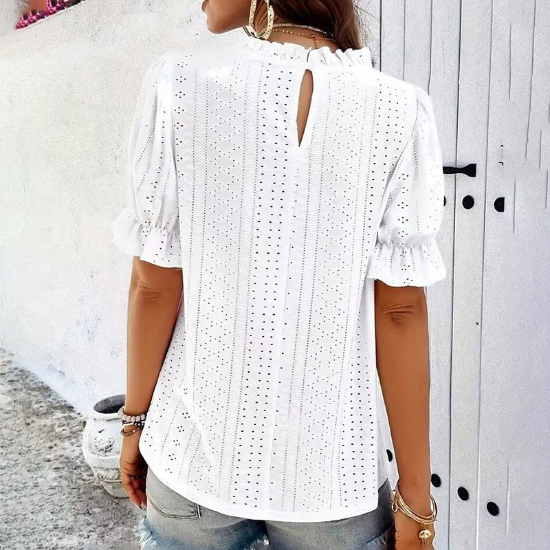 Back view of a white blouse featuring ruffle details and a keyhole back, perfect for chic outfits.
