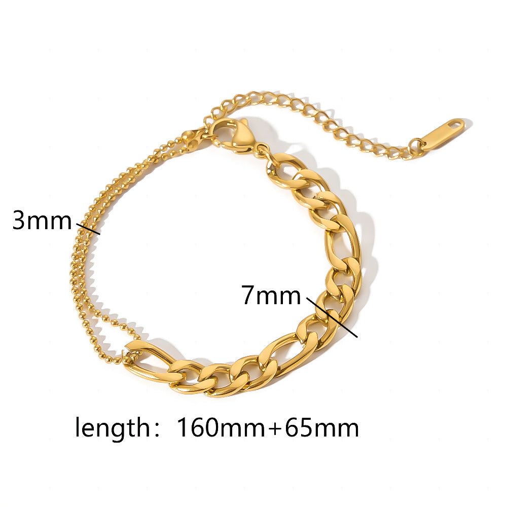 Detail close-up of a gold minimalist stainless steel bracelet with adjustable length, elegant design.