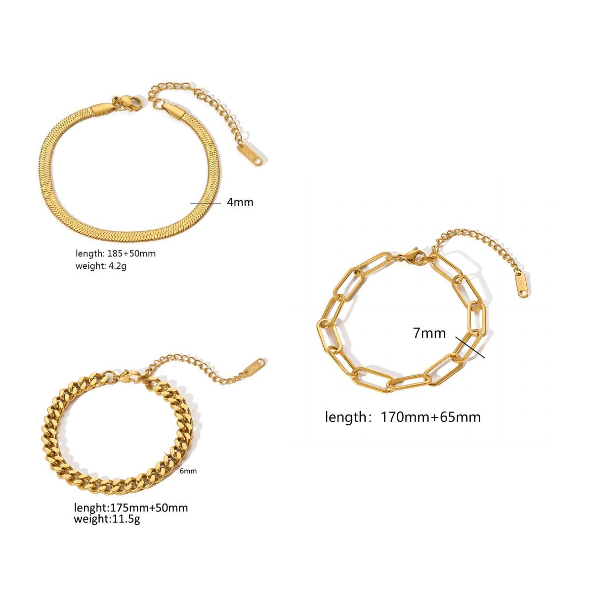 Close-up detail of a gold minimalist stainless steel bracelet with adjustable chain, showcasing its elegant craftsmanship.