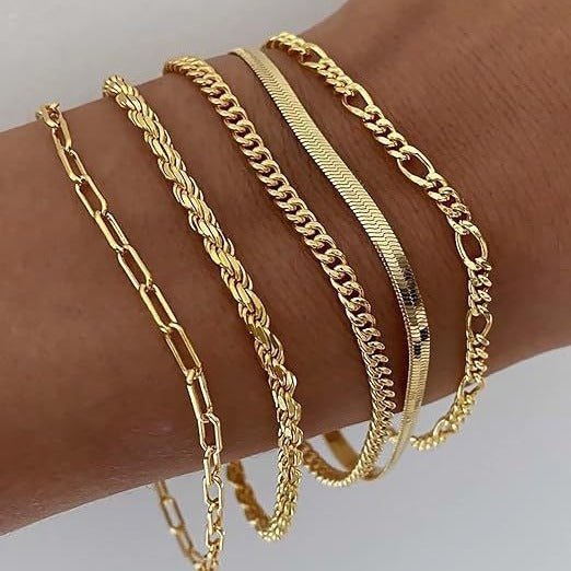 Detail shot of a gold minimalist stainless steel bracelet set showcasing multiple elegant styles.