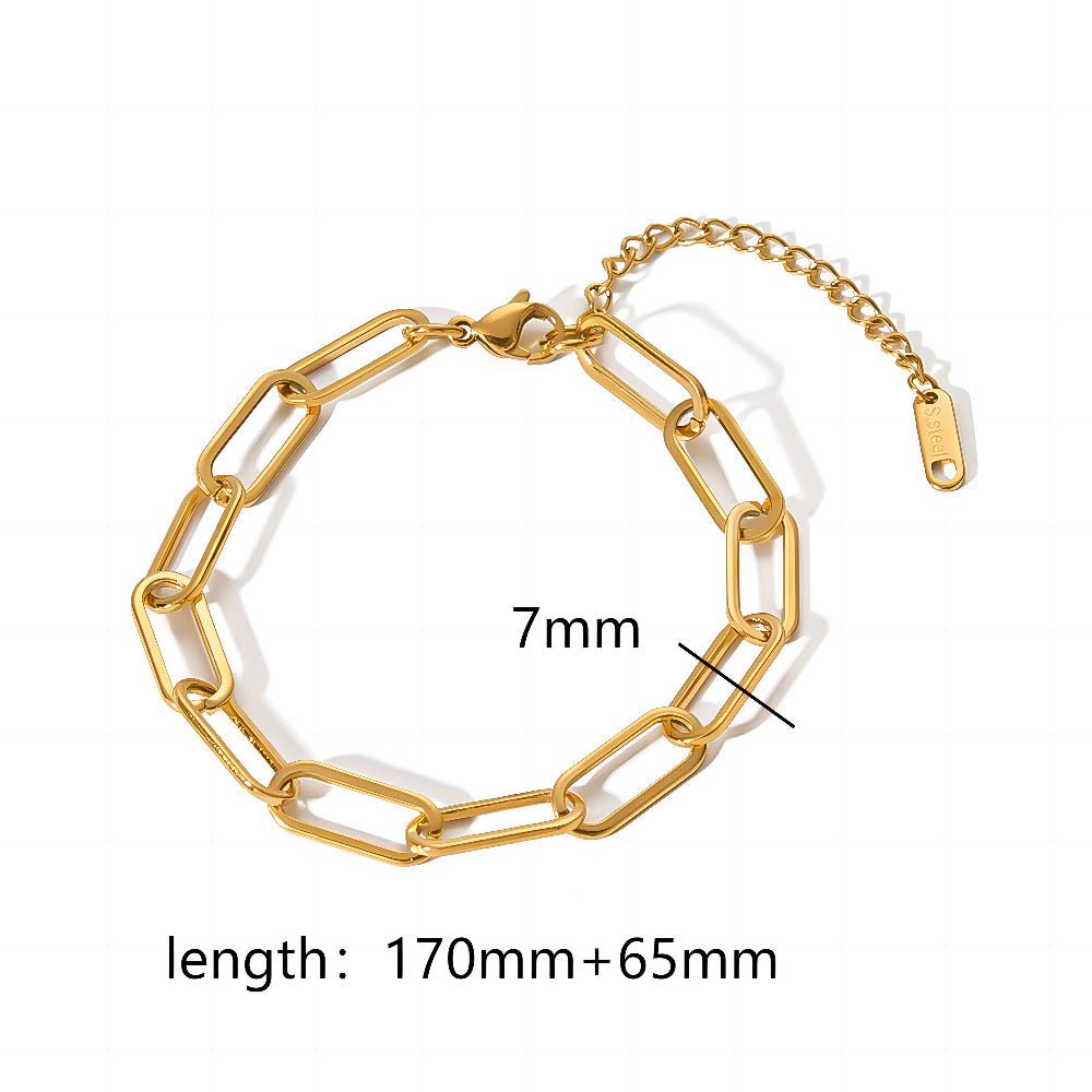 Close-up of a gold link bracelet from the minimalist stainless steel collection, showcasing its stylish design.