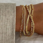 Lifestyle shot of a gold bracelet set on the wrist, showcasing elegant layering and minimalist design.