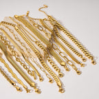 Lifestyle shot of stacked gold minimalist stainless steel bracelets worn on the wrist, emphasizing chic layering.