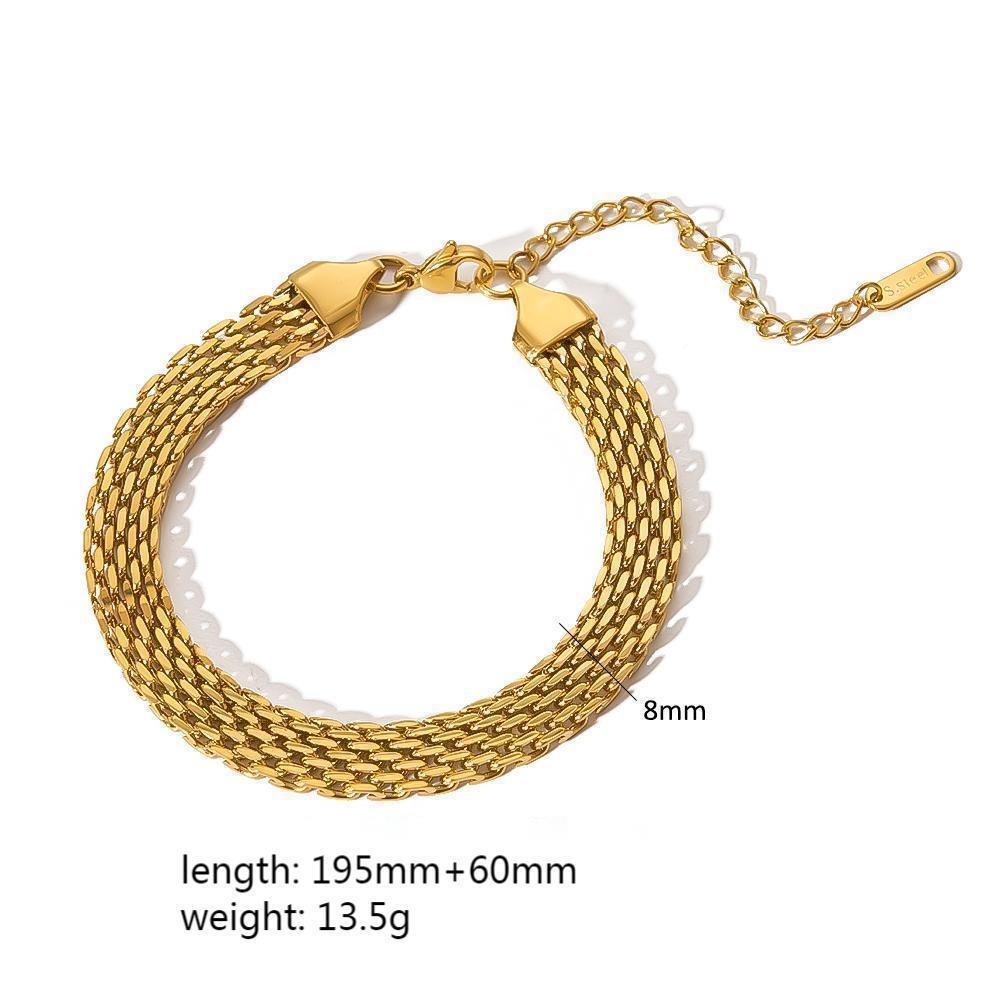 Detail shot of a gold minimalist stainless steel bracelet with chain link style, highlighting its elegant design.