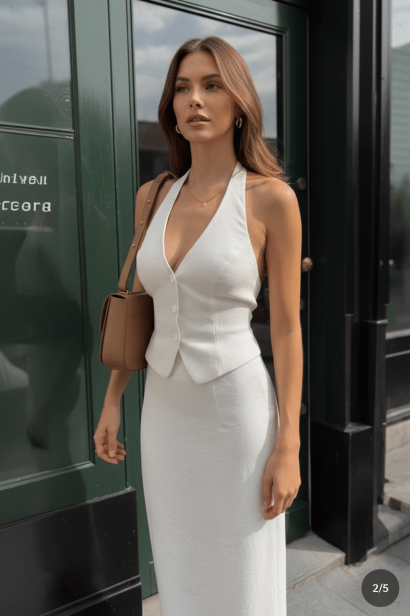 Lifestyle shot of a white halter neck dress with buttoned front, chic minimalist style @Black#White
