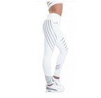 Side view of white high-waist leggings, featuring a textured design against a white background.
