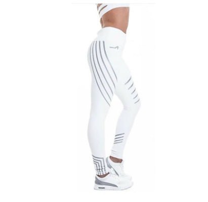 Side view of white high-waist leggings, featuring a textured design against a white background.