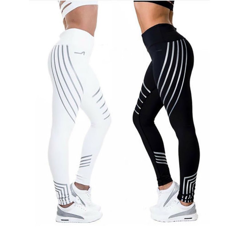 Side view of high-waist leggings in black and white, featuring a glow design for sporty style.