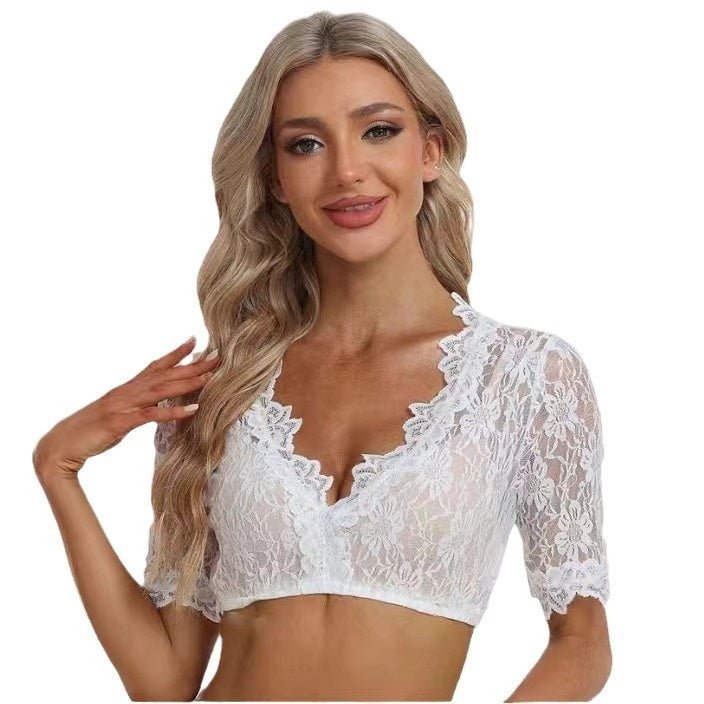 Lifestyle view of a white lace mesh camisole featuring a cropped design, perfect for minimalist outfits.