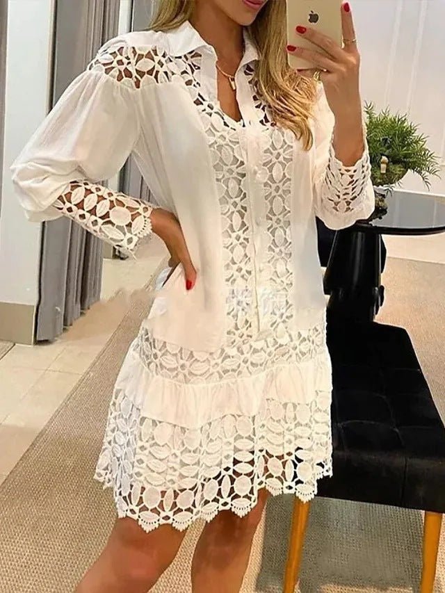 Lifestyle view of a white casual shirt with lace details and lantern sleeves, perfect for a capsule wardrobe @Black#White