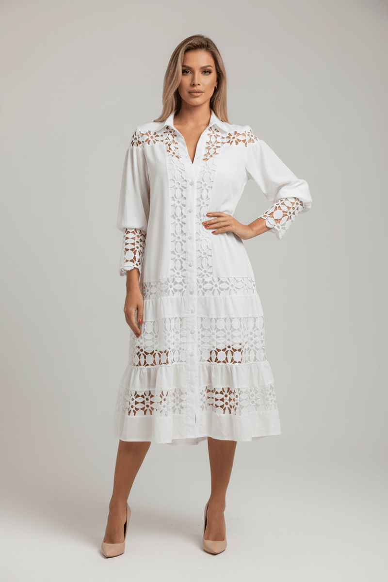 Women's Lace Stitching Lantern Sleeve Casual Shirt - @BlackWhite
