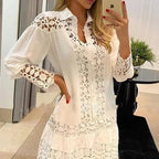 Lifestyle shot of a white casual shirt showcasing lace stitching and lantern sleeves, chic fashion @Black#White