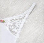 Back view of a white thong underwear featuring lace detail and low-rise fit.