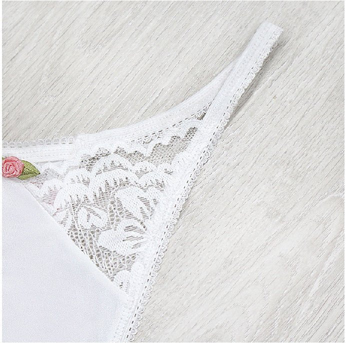 Back view of a white thong underwear featuring lace detail and low-rise fit.