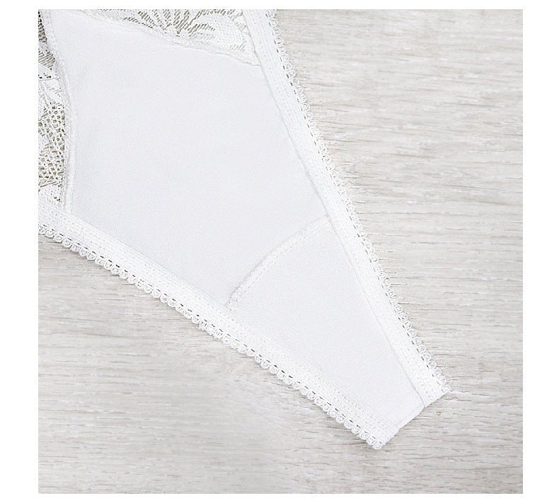 Close-up detail of a white thong showcasing seamless construction and minimalist design.