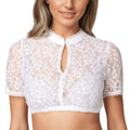 Front view of the lace trim camisole top in white, featuring short sleeves and keyhole neckline, elegant look.