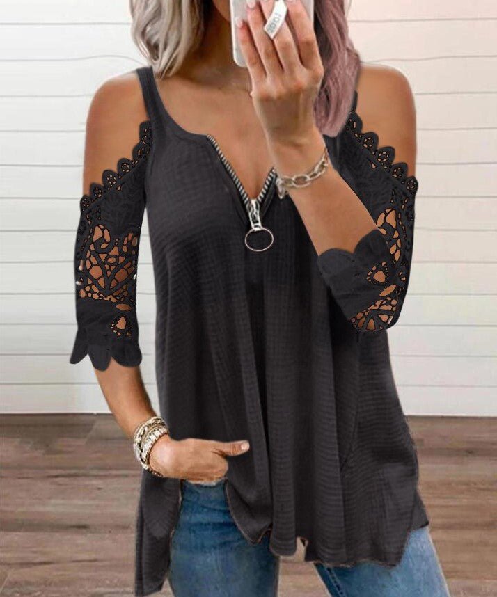 Lifestyle shot of a black lace shirt featuring cold shoulder and zipper closure, elegant minimalist design @Black#White