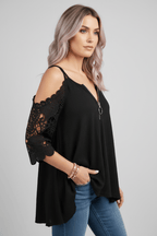 Women's Lace Zip Shirt – Half Sleeve Summer Top - @BlackWhite