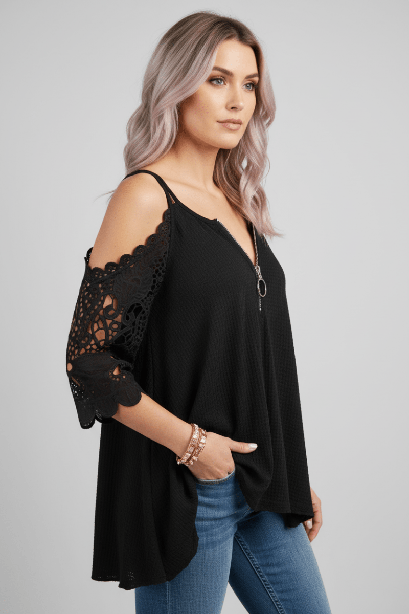 Women's Lace Zip Shirt – Half Sleeve Summer Top - @BlackWhite