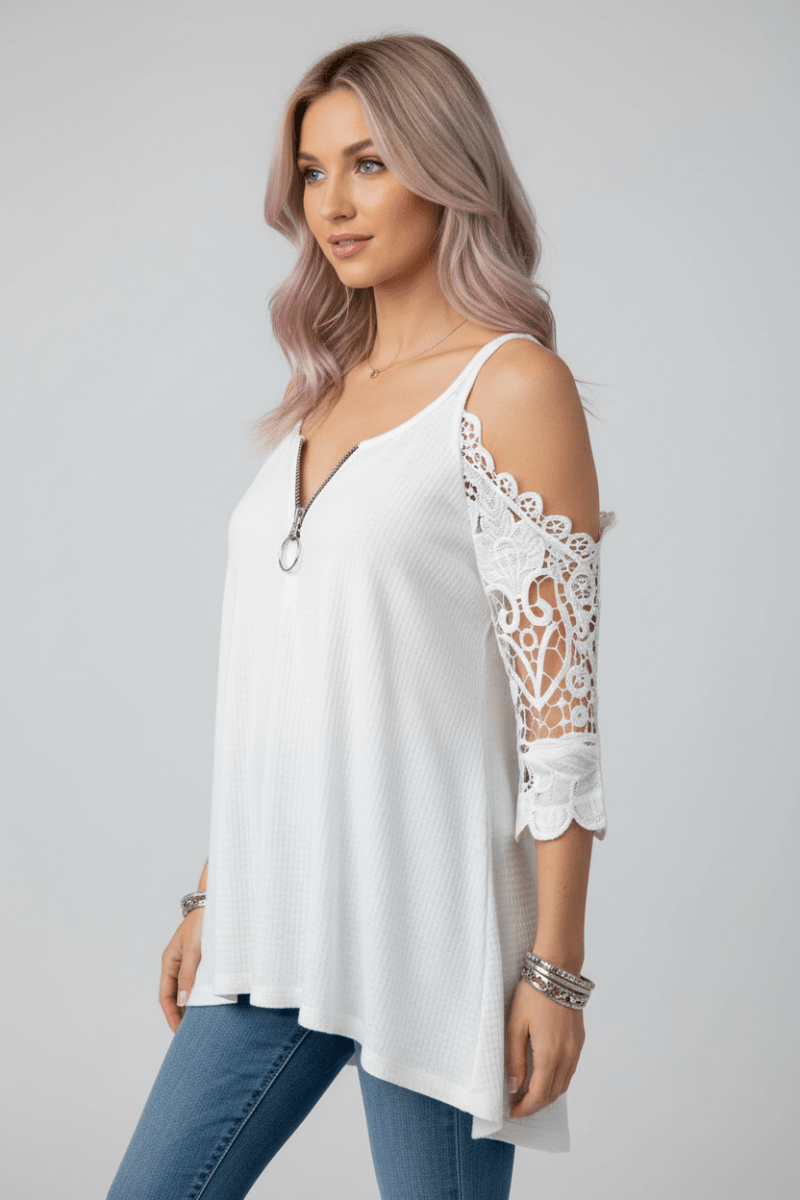 Women's Lace Zip Shirt – Half Sleeve Summer Top - @BlackWhite