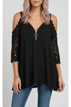 Women's Lace Zip Shirt – Half Sleeve Summer Top - @BlackWhite