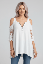 Women's Lace Zip Shirt – Half Sleeve Summer Top - @BlackWhite