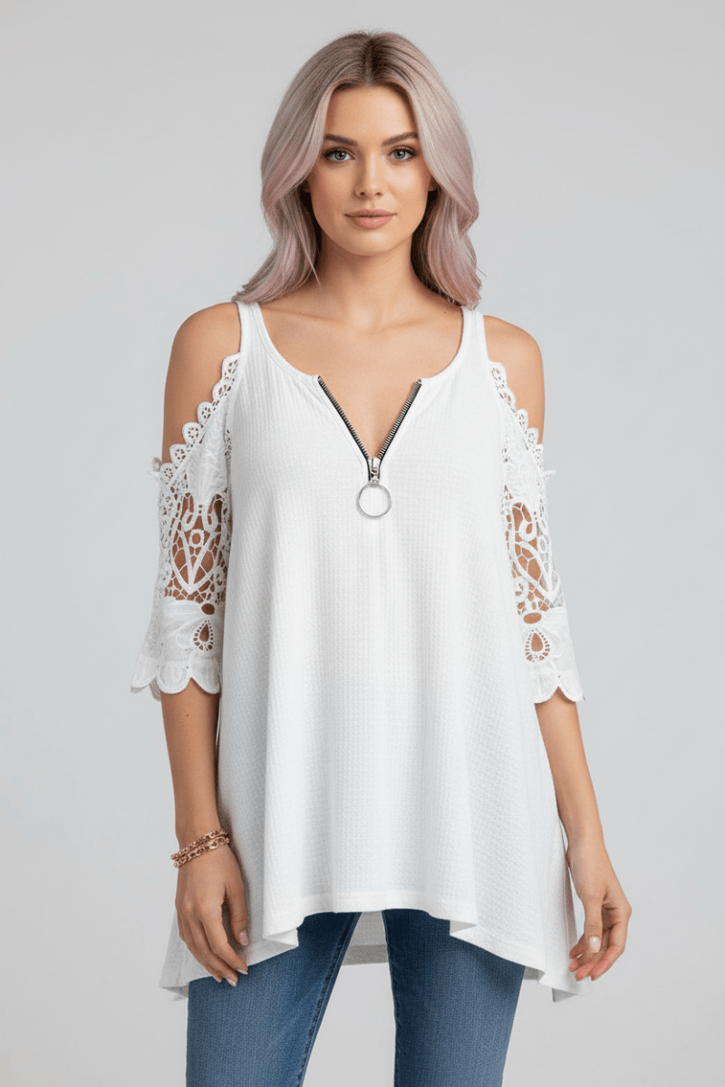Women's Lace Zip Shirt – Half Sleeve Summer Top - @BlackWhite
