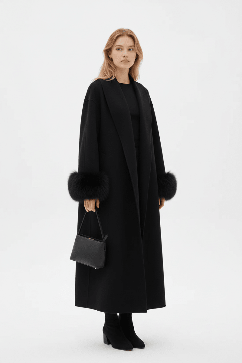Women's Long Lapel Reversible Cashmere Coat – Beige & Black - @BlackWhite